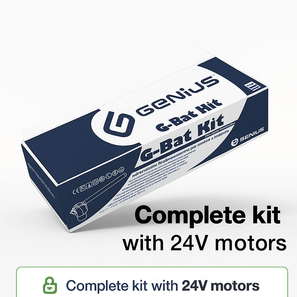 GENIUS G-BAT 300 24V Kit – Kit automatizare porți batante până la 3 m, motoare 24V DC, centrală Brain 624 și accesorii incluse | Cod 51701272